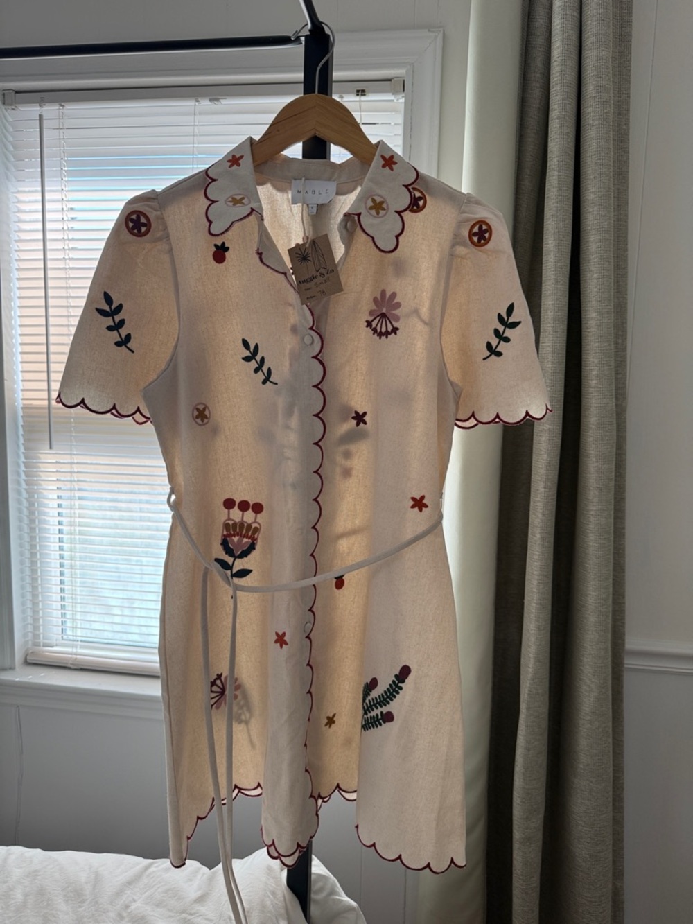 MABLE Cream Mini Dress with Red and Green Embroidery